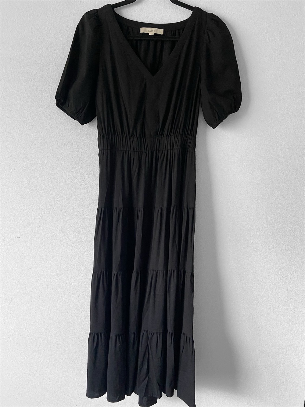LOFT Black Puff Sleeve Tiered Midi Dress Open Back Size Small